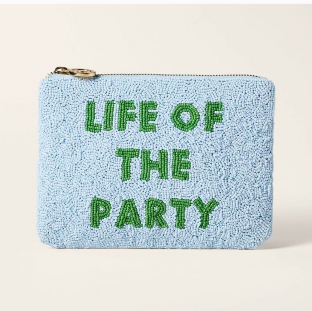 Kate Spade Life Of The Party Blue Beaded Clutch with Green Text.